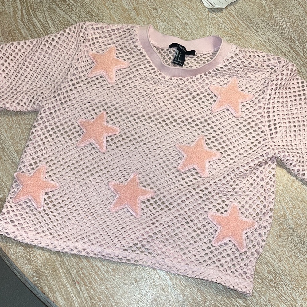 Forever 21 Pink Mesh Fishnet Star Crop Top Small Barbie Barbiecore